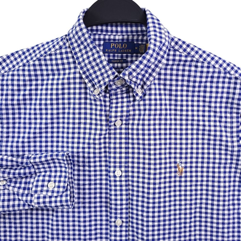 Polo Ralph Lauren Shirt Men M Classic Fit Blue Gingham Oxford OCBD Flesh Pony